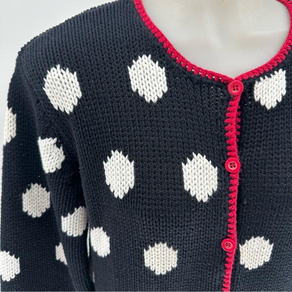 Talbots Cardigan Sweater Chunky Knit Black Red White Circles Business Casual S - Picture 2 of 9